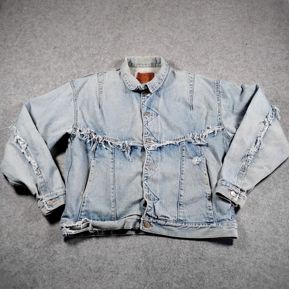 Vintage Code Bleu Men Distressed Denim Trucker Jacket Light Wash Made in Japan L